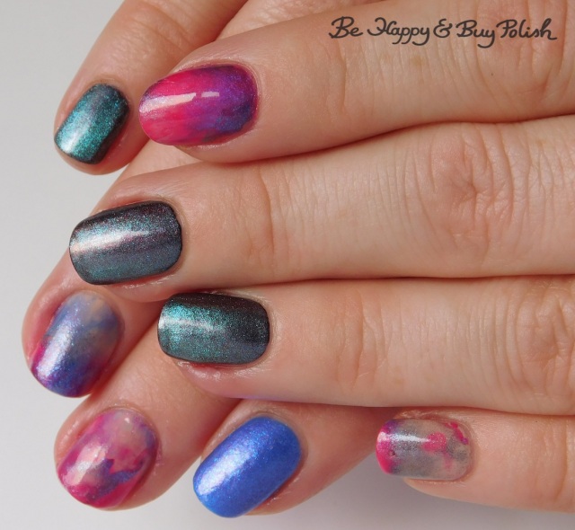 magnetic marbled manicure with L.A. Colors Swiss Coffee, Shleee Polish Ghost Bird, Sinful Colors Shimmy Shimmy, Moonflower Polish Sprinkles | Be Happy And Buy Polish