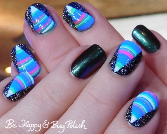 blacklight dry marble skittlette mani with P.O.P Polish, China Glaze, L.A. Colors | Be Happy And Buy Polish